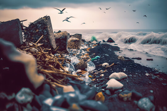 Garbage plastic and human waste. Environmental pollution ocean and water. Generation AI