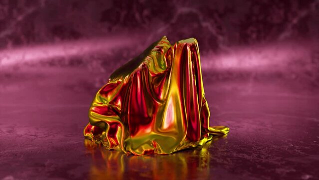 The gem turns into a golden cloth and inflates. Bubbles. Pink abstract background. Bubbles. 3d animation