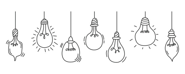 Light bulbs set in doodle style isolated on white background. Concept of business idea, energy. Vector illustration.