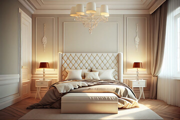 bedroom with bed, color beige, render 