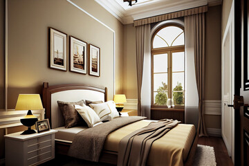 Bedroom in baige colors, render 