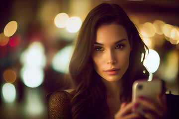 a fictional brunette woman looking at a cell phone at night, depth of field, blurred background, ai generated
