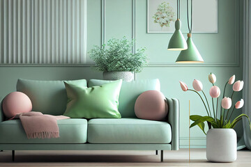 modern living room with sofa, green colors 