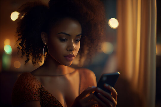 Fictional African American Woman Looking At A Cell Phone At Night, Depth Of Field, Blurred Background, Ai Generated