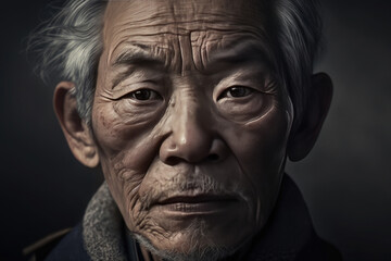 Classic portrait of an Asian elderly man on dark background. Created with Generative AI