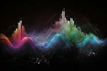 Abstract sound waves. Music equalizer effect. Colorful frequencies on dark background. Created with Generative AI