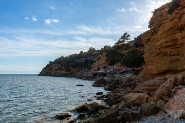 Fototapeta na wymiar Sa Caleta beach on the island of Ibiza, in the evening light, without people.