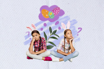 Obraz na płótnie Canvas Creative collage photo illustration of two upset small girls waiting for easter thinking where is eggs isolated on painted background