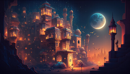 Fototapeta premium Islamic Ramadan Kareem Background with Mosque and Lanterns