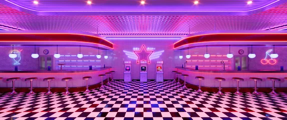 Foto op Plexiglas Retro diner interior with tile floor, neon illumination, vintage arcade machine and bar stools. 3d illustration. © Nikolay E