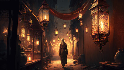 Islamic Ramadan Kareem Background with Mosque and Lanterns