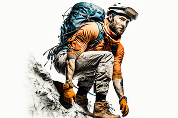 Fototapeta na wymiar Bergsteiger mit Kletterausrüstung auf einem Berg vor weissem Hintergrund, generative KI