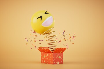 Gifts for April Fools' Day. box with a flying spring on which a laughing emoji. 3D render - obrazy, fototapety, plakaty