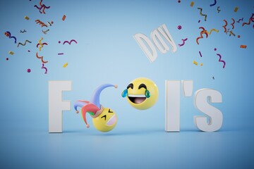 the concept of april fools' day celebrations. April Fools' Day with emoticons inside on a blue background. 3D render