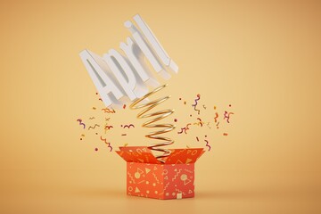 April Fools' Day celebrations. boxes with a flying spring on which the inscription April. 3D render
