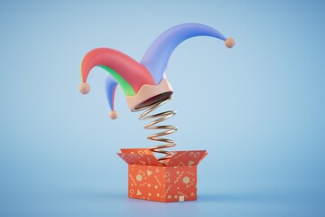 the concept of april fools' day celebrations. box with a flying spring on which the cap of the jester. 3D render - obrazy, fototapety, plakaty