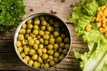 Canned corn, peas, beans