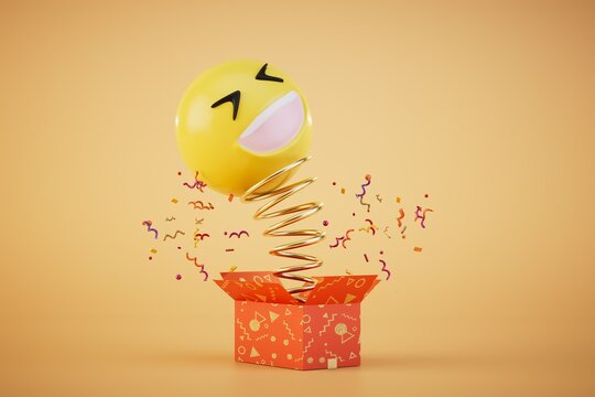 Gifts for April Fools' Day. box with a flying spring on which a laughing emoji. 3D render