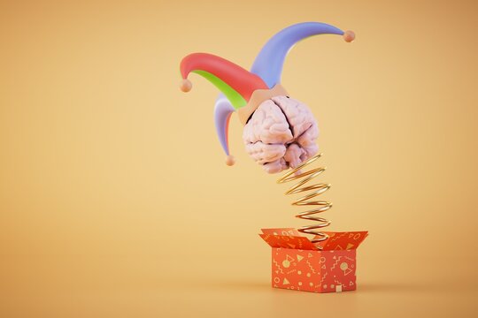 a gift for April Fools' Day. box with a flying spring on which the brain is in the hat of a jester. 3D render