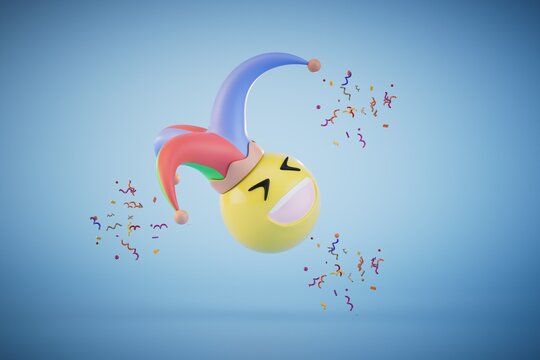 Gifts for April Fools' Day. a laughing emoji in a jester hat around which is confetti on a blue background. 3D render