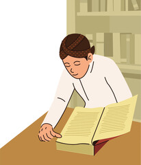 illustration of a Javanese man abdi dalem reading a book in the library
