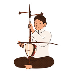 illustration of a Javanese man playing the traditional musical instrument fiddle, flat illustration of an Indonesian man playing a Javanese gamelan