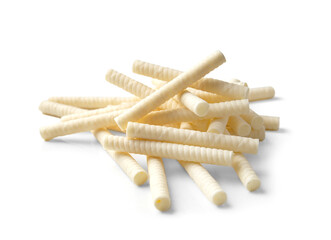 Crispy wafer rolls on a white background.