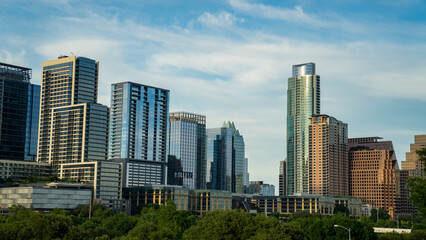 Fototapeta na wymiar Austin, Texas; USA - May 28 2020: Downtown Austin, Texas Skyline with riverfront residential and commercial buidlings