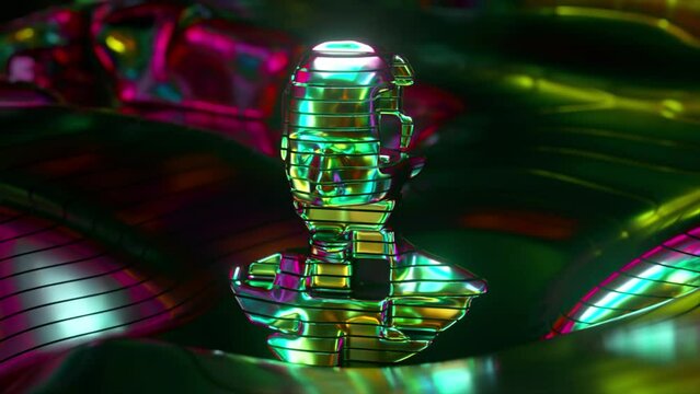 Visualization of artificial intelligence. The moving parts of the head rotate. Changes color. Metal and plastic.