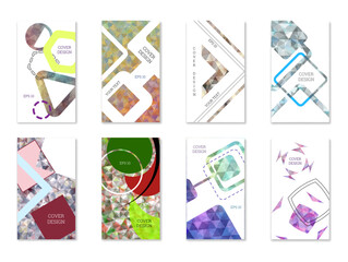 Cover design. Set of 8 covers. Imitation of crumpled paper. Unusual bright abstract background for magazine, book, splash, banner, vector. Imitation of crumpled paper