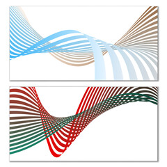 Wavy lines or ribbons on a white background. Installed. Multicolored striped gradient. Creative unusual background with abstract gradient wave lines for creating trendy banner, poster. Vector eps