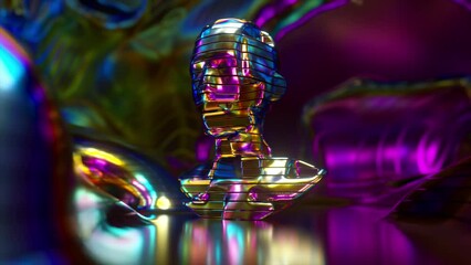 AI concept. Model of a human head with rotating parts in the middle of a metal room. Multicolored metal surface. Rainbow - Powered by Adobe
