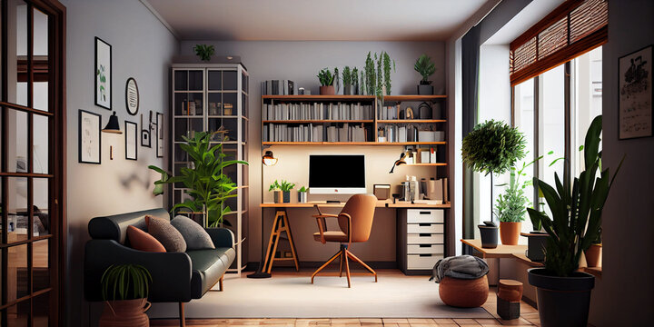 3d Style Interior Of Cozy Living Room. Remote Working And Work From Home As An Office Is A New Business Trend. Home Office Is A Safe Place To Work. Generative Ai.