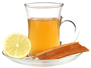 Cup of herbal tea with lemon and cinnamon bark