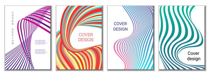 Obraz premium A set of 4 abstract covers. Wavy parallel gradient lines, ribbons evolve. Cover design, background. Trendy banner, poster.