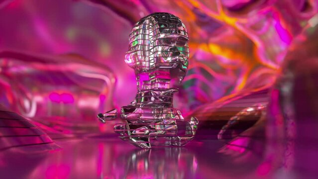 Bright pink abstract background. AI concept. Parts of the head rotate changing matter. Plastic and diamond. 3d animation