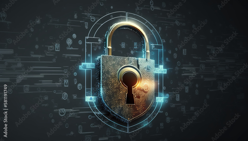Poster concept of cybersecurity and data privacy protection, lock, and background of binary digits generati