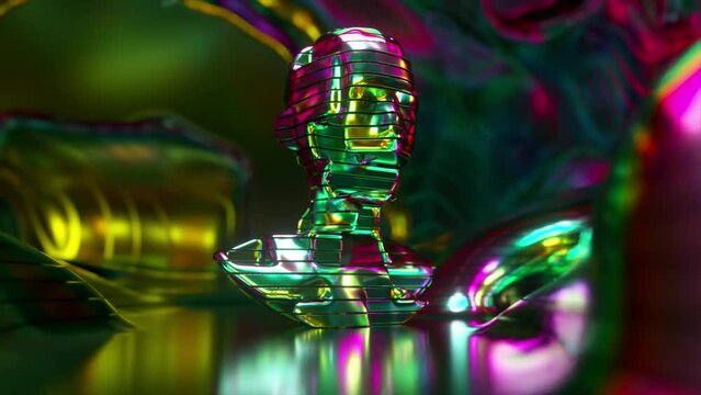 AI concept. Model of a human head with rotating parts in the middle of a metal room. Multicolored metal surface. Rainbow