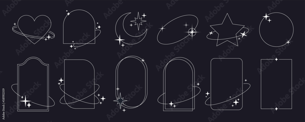 Fototapete minimalist aesthetic arch line frames, modern linear shapes with sparkles on black background. simpl