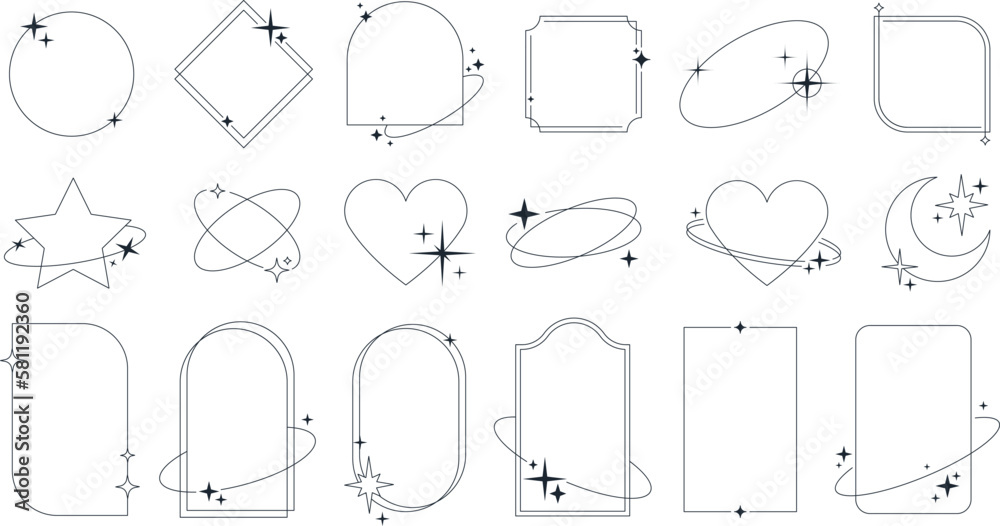 Poster Modern linear shapes with sparkles, trendy minimalist aesthetic arch line frames. Heart frame with stars, simple decorative boho style border, design elements for social media or poster vector set