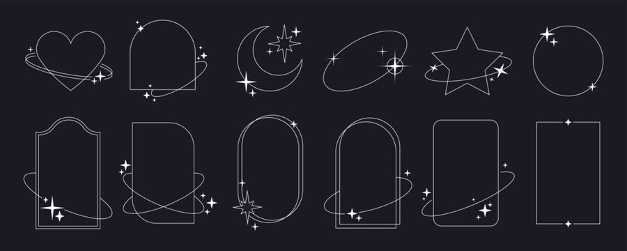Minimalist aesthetic&nbsp;arch&nbsp;line frames,&nbsp;Modern linear shapes with sparkles on black background. Simple decorative boho style&nbsp;border, circle frame with stars, design elements for social media vector set