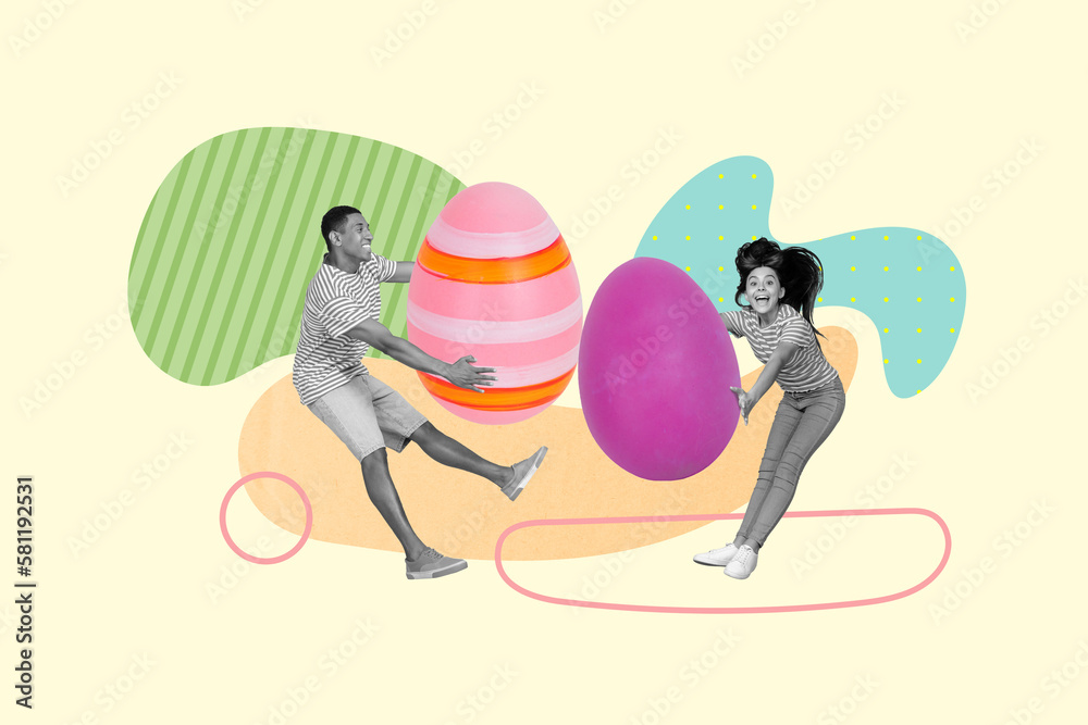 Sticker 3d retro abstract creative collage artwork template of funky lady guy holding big huge easter eggs i