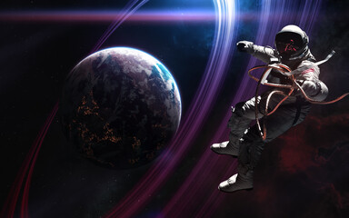 Astronaut on background of deep space planet. Science fiction. Elements of this image furnished by NASA