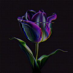 Glitched glowing neon tulip. Abstract glitch background. Cyberpunk wallpaper in a style of 80's. Futuristic concept. EPS 10. Creative graphic design for poster, brochure, flyer and card.