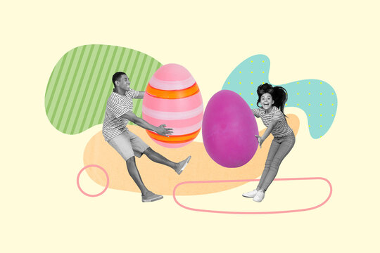 3d retro abstract creative collage artwork template of funky lady guy holding big huge easter eggs isolated painting background