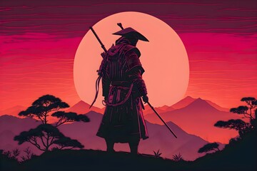 Samurai with a sunset landscape synthwave style | Samurai synthwave backgrounds, wallpapers, images |