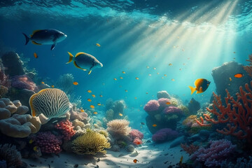 Fototapeta na wymiar coral reef and fishes Underwater Scene, Tropical Sunshine Generative AI tool