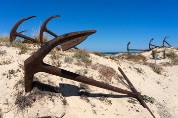 Cemetery of anchors on the beach of barril (Praia do Barril) in the Tavira island in the Algarve...