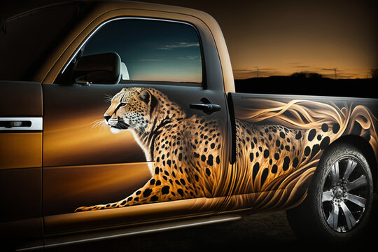 Aerography on car side cheetah face and fire image, poster, banner for auto repair shop. Generative AI