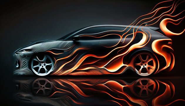 Aerography on car side colorful fire image for auto repair shop. Generative AI